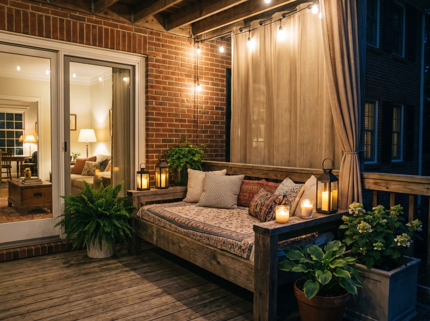 Rustic Balcony Daybed with String Lights