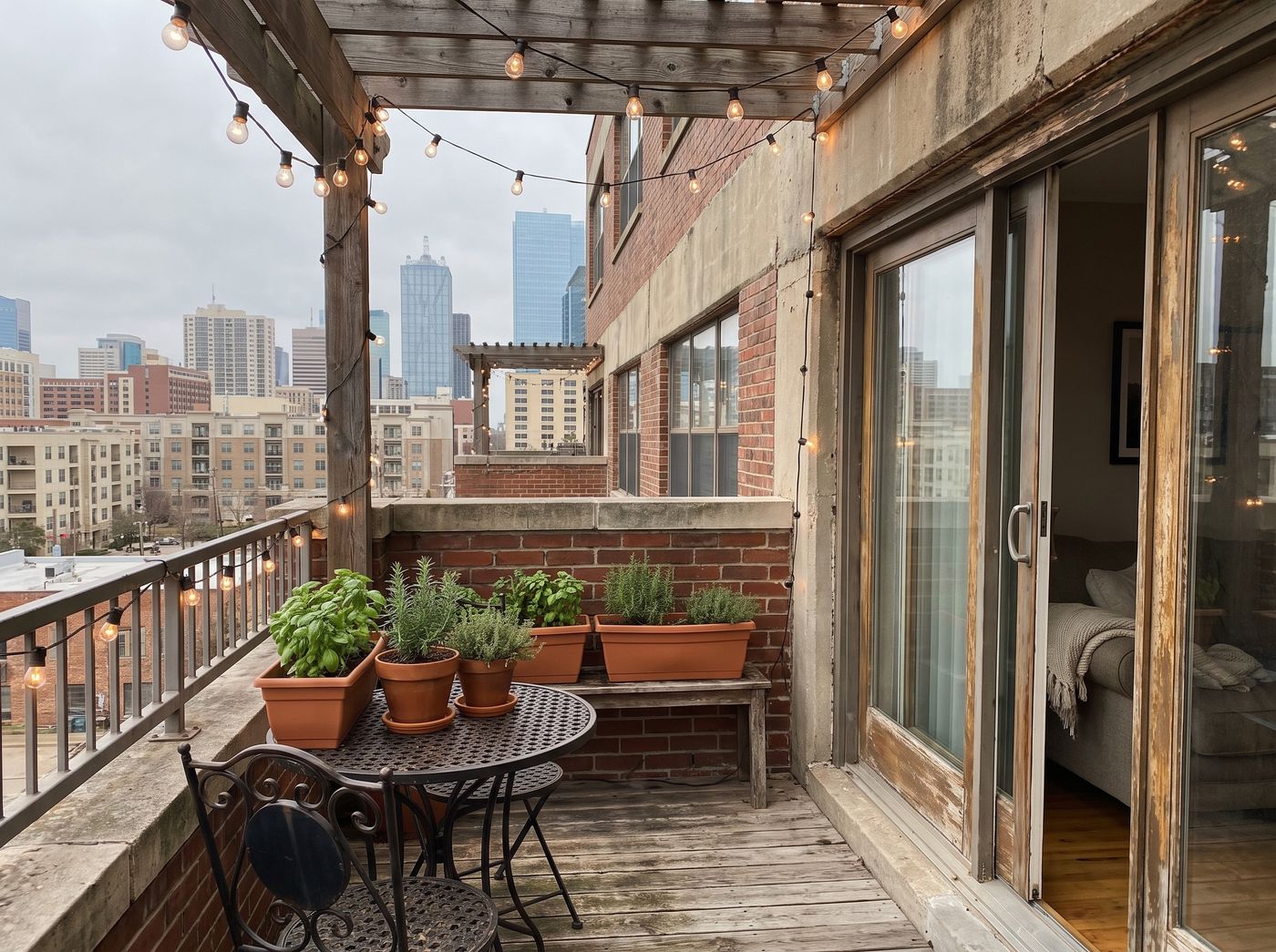 Rustic Balcony with Overhead Pergola