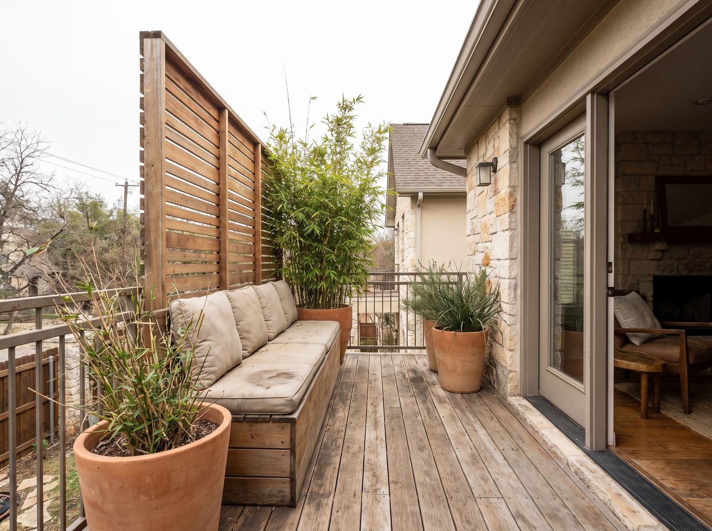 Slatted Privacy Screen on Wooden Balcony