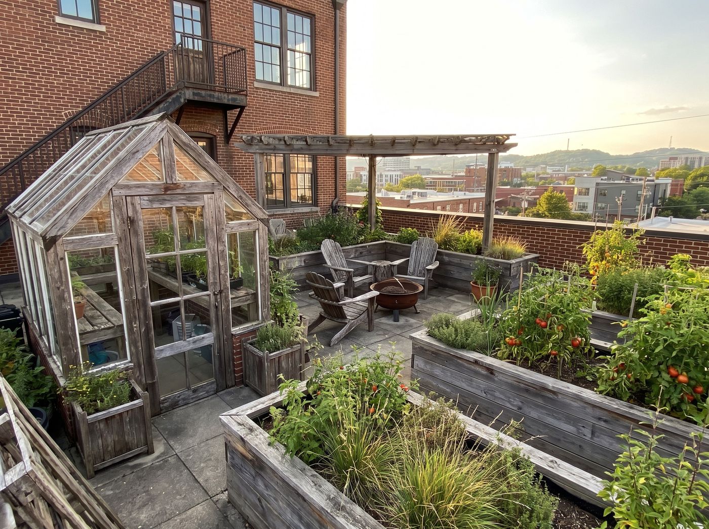 Urban Rooftop Garden with Wooden Greenhouse