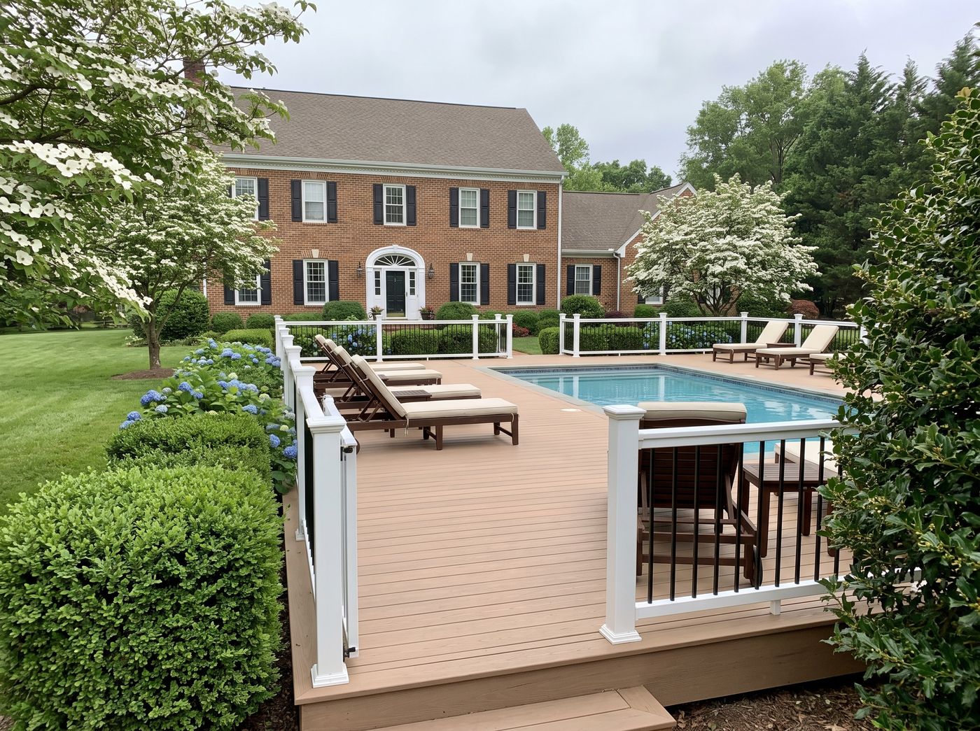 Composite Pool Deck Beside Brick Colonial