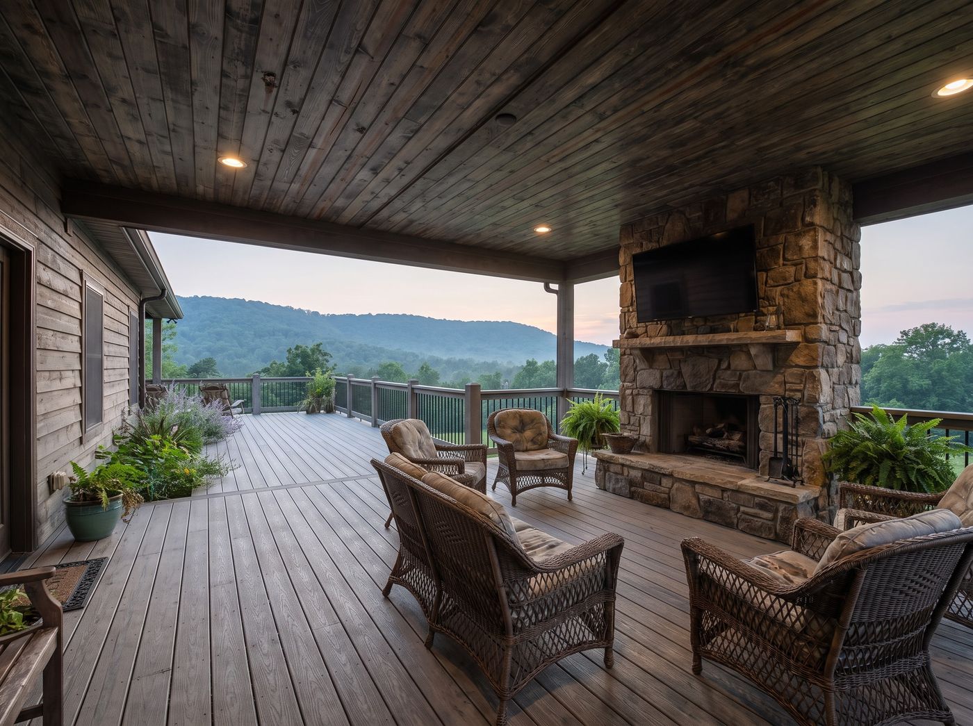 Covered Composite Deck with Stone Fireplace