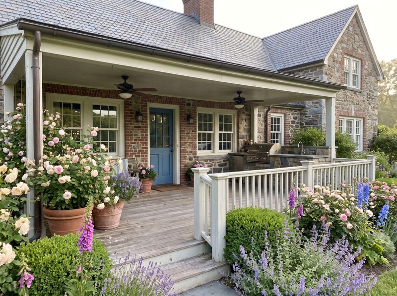 Covered Deck with Stone Outdoor Kitchen