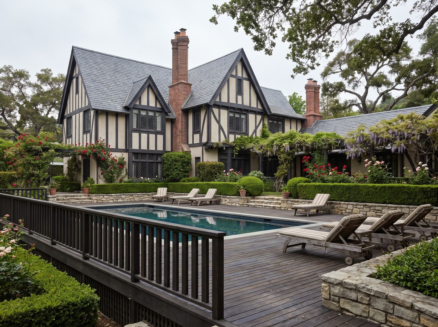 Dark Timber Pool Deck Beside Tudor Estate