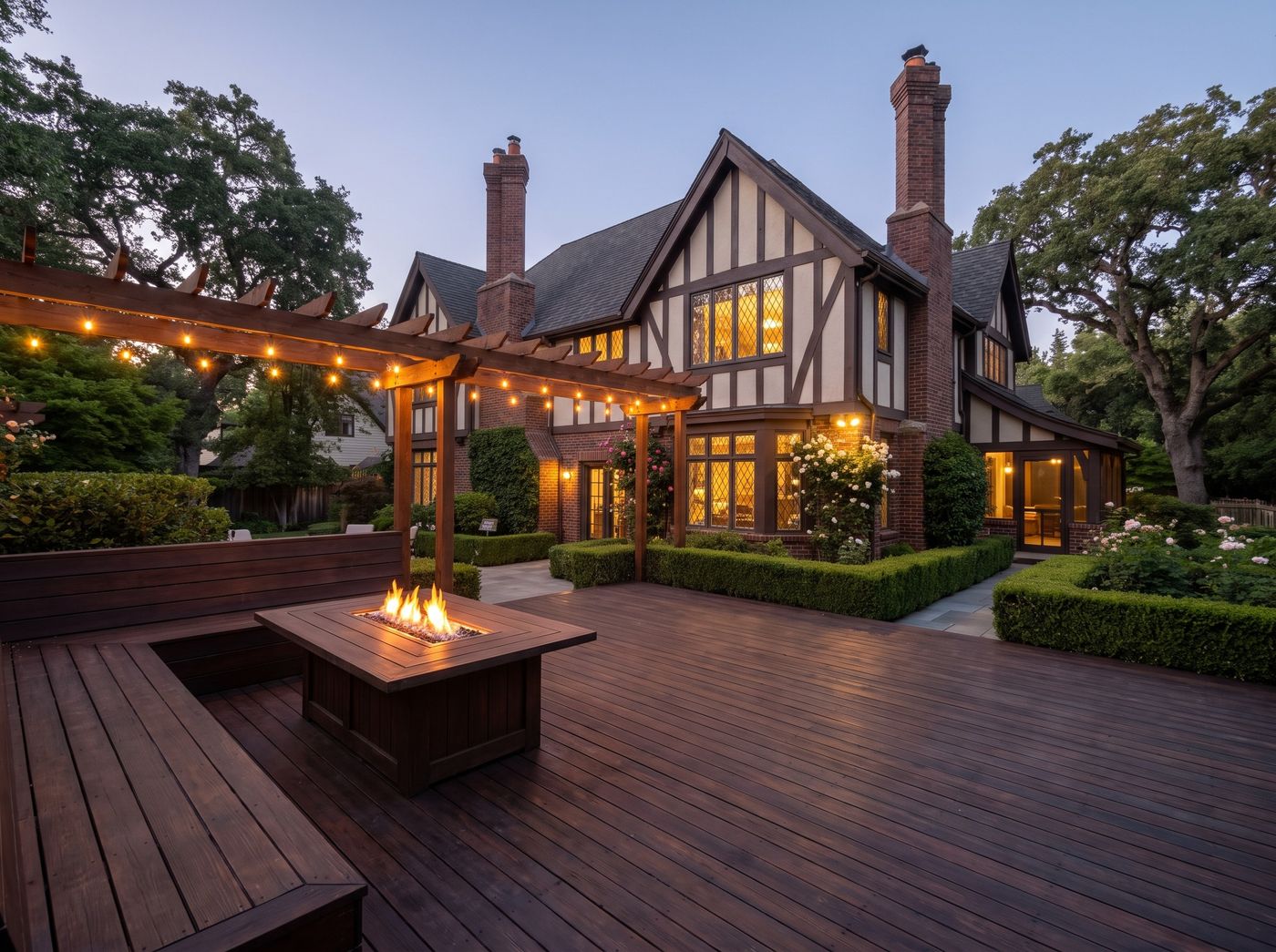 Dark Wood Deck with Built-in Fire Table
