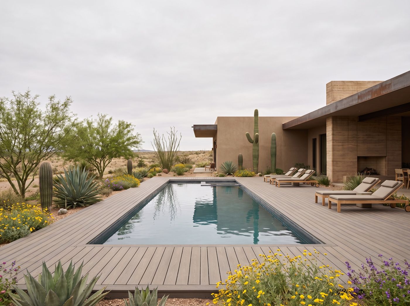 Desert Pool Deck Bordered by Agaves