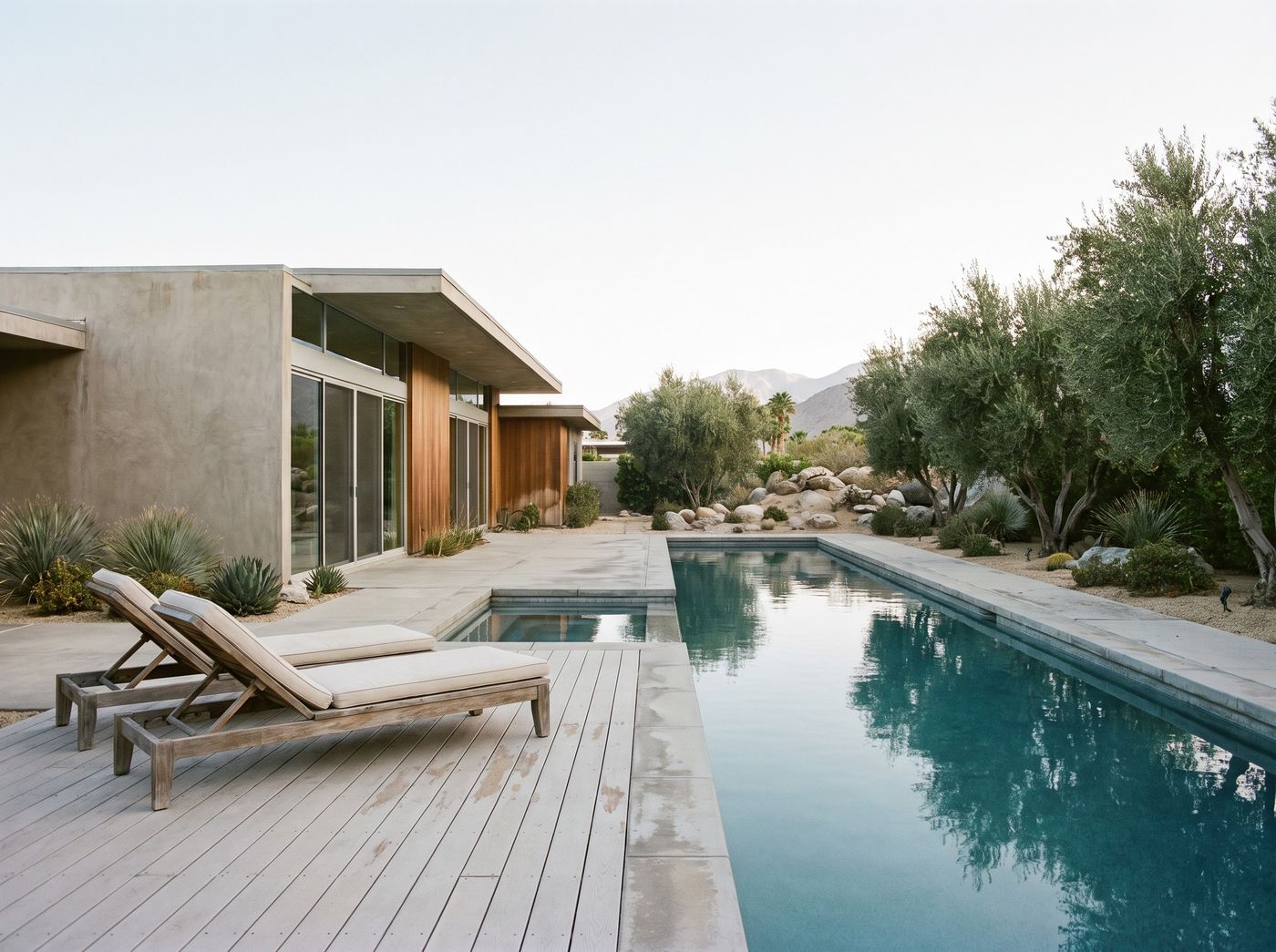 Desert Pool Deck with Cushioned Loungers