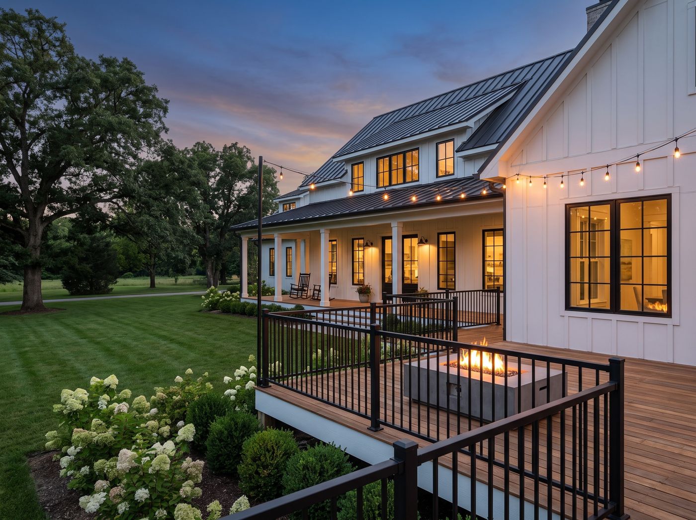 Modern Farmhouse Deck with Fire Table