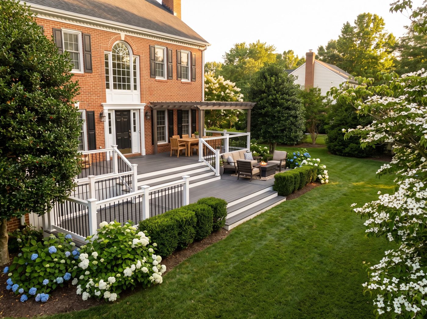 Tiered Gray Deck with Dining Pergola