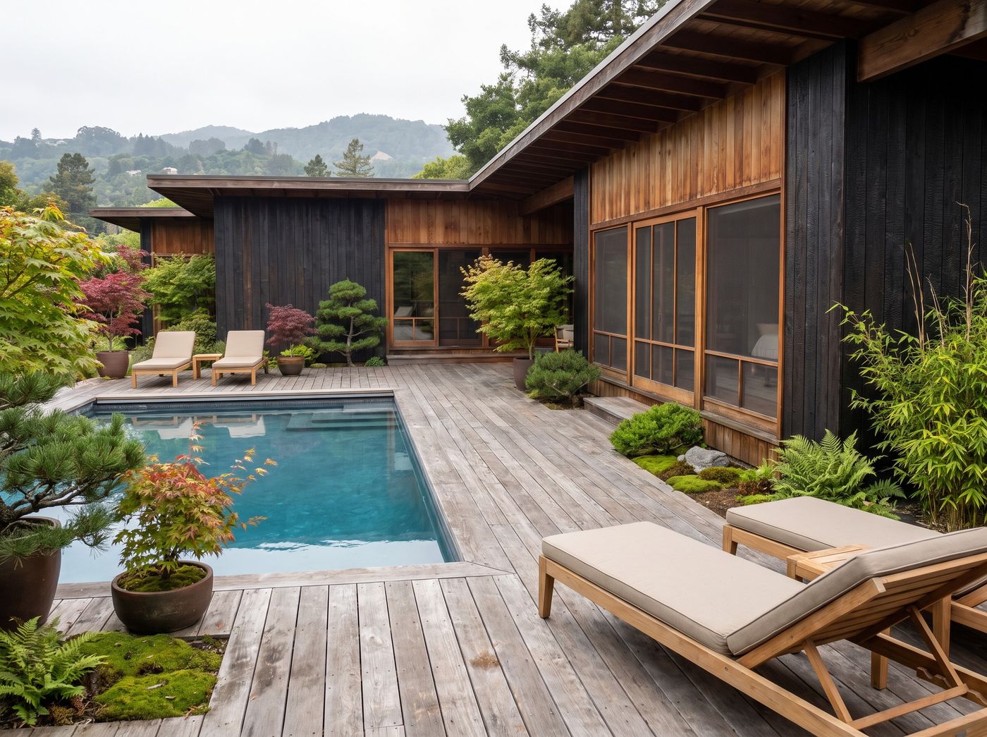 Timber Pool Deck Framed by Maples