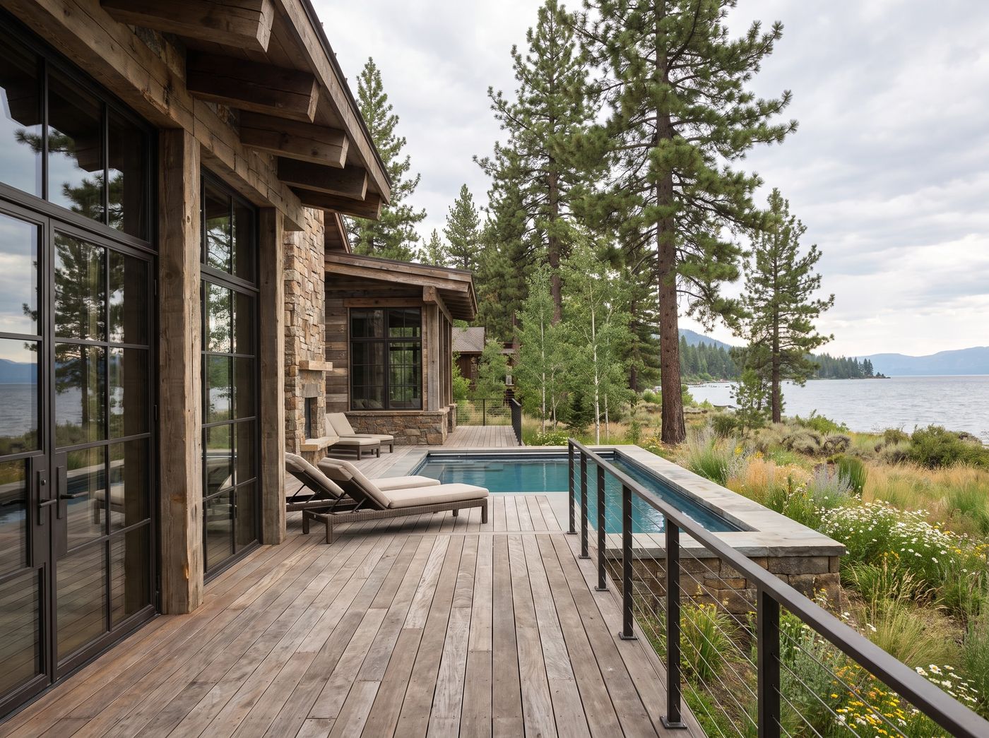 Timber Pool Deck Overlooking Mountain Lake