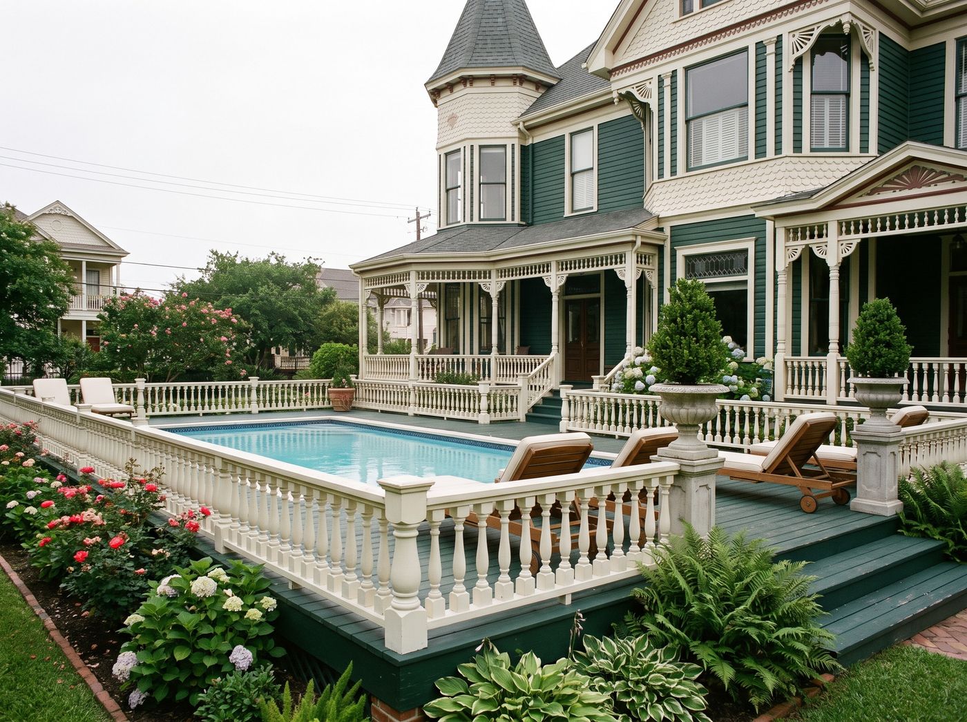 Victorian Pool Deck with White Balustrades