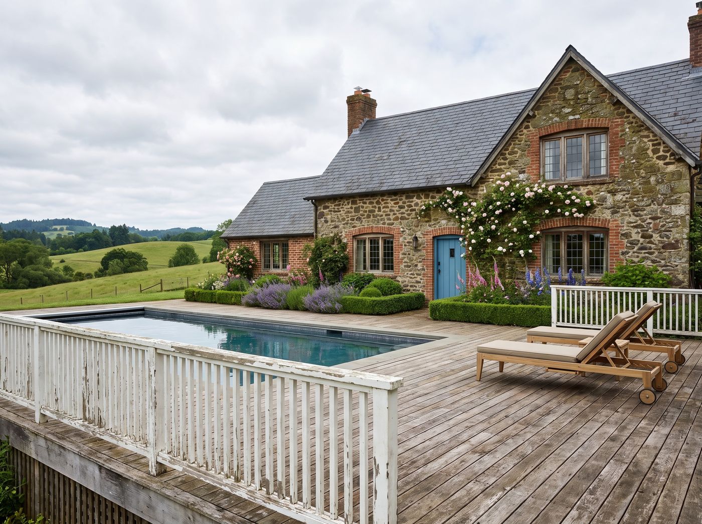 Weathered Pool Deck Beside Stone Cottage