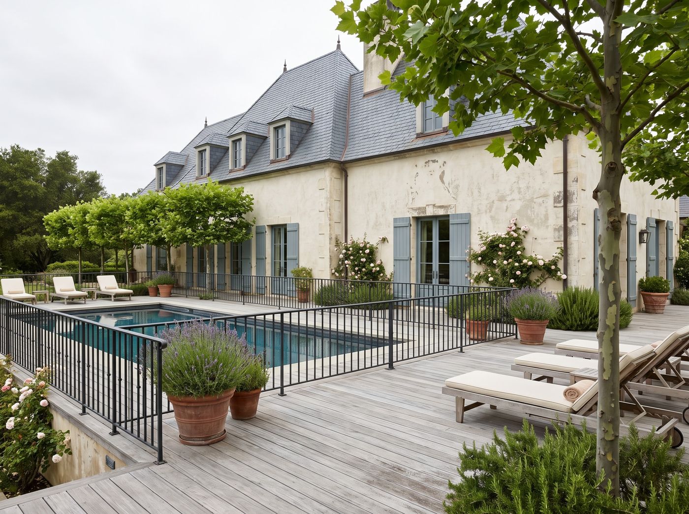 Weathered Pool Deck with Wooden Loungers