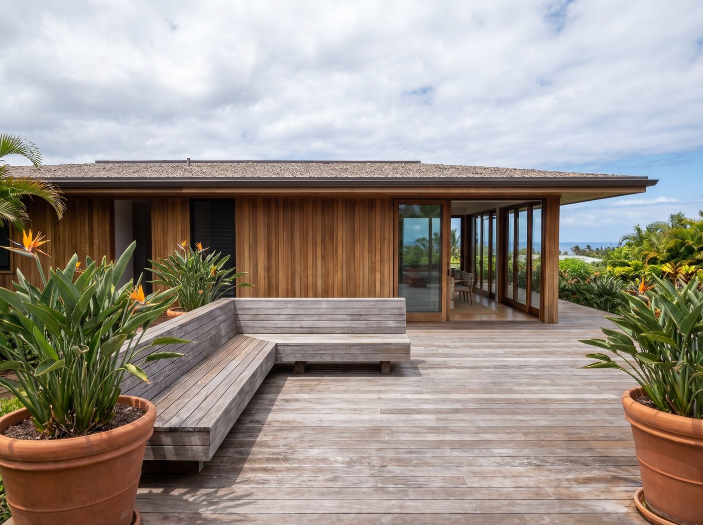 Weathered Timber Deck with Built-In Bench