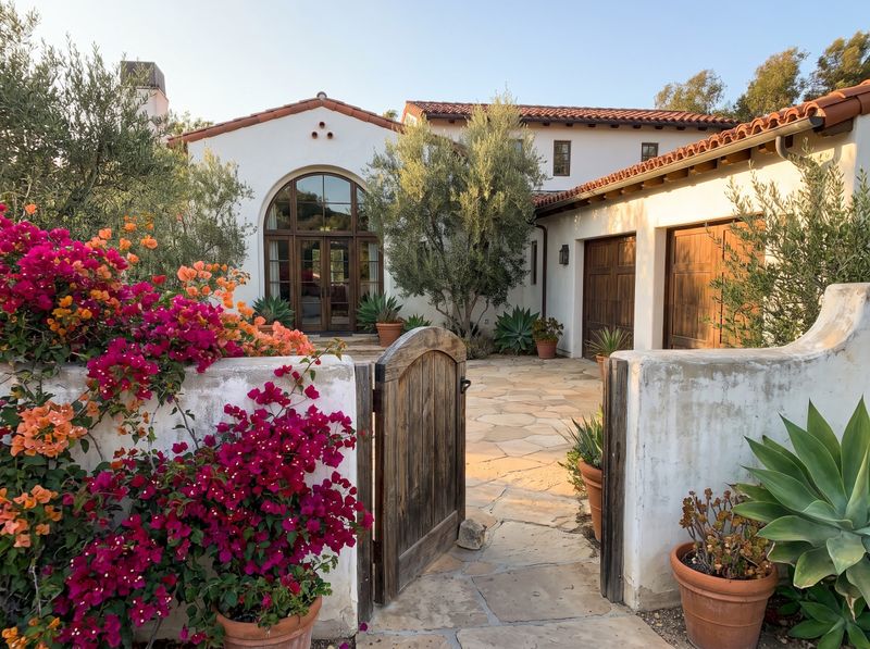Arched Wooden Gate in Stucco Wall