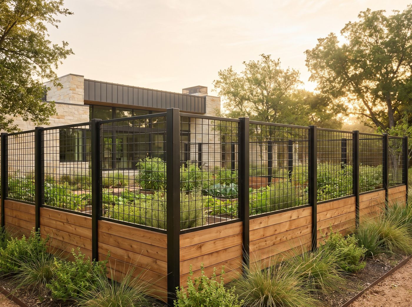 Black Steel Garden Fence with Wire Mesh