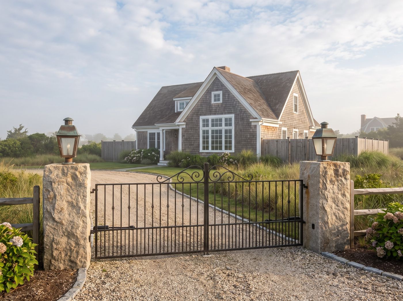 Driveway Gate Framed by Stone Pillars