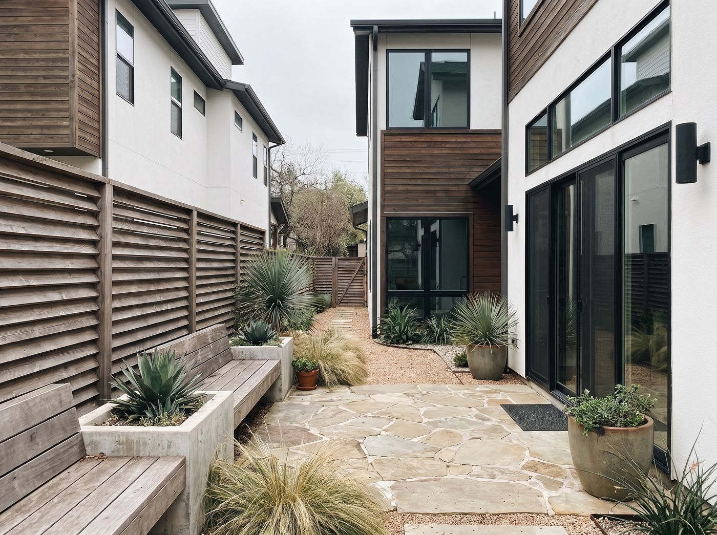 Louvered Privacy Fence Along Flagstone Patio