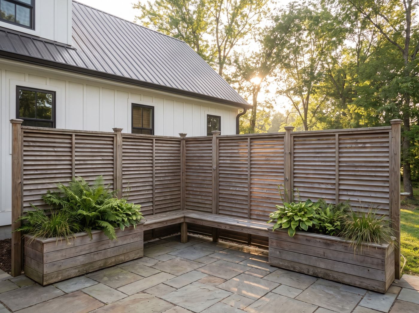 Louvered Privacy Fence with Built-in Bench
