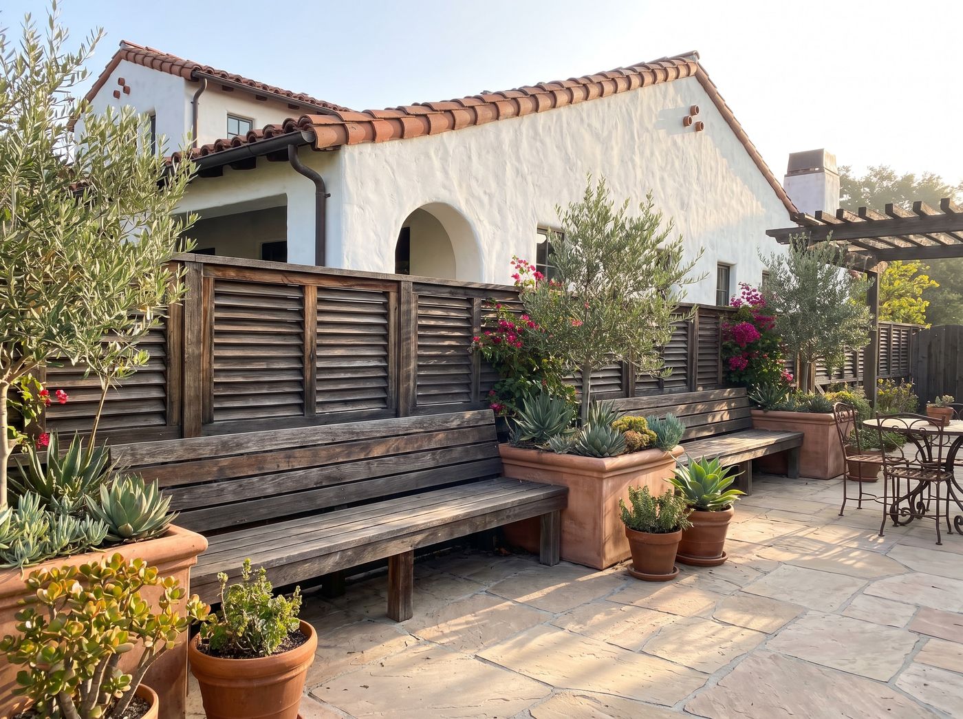 Louvered Privacy Fence with Timber Benches