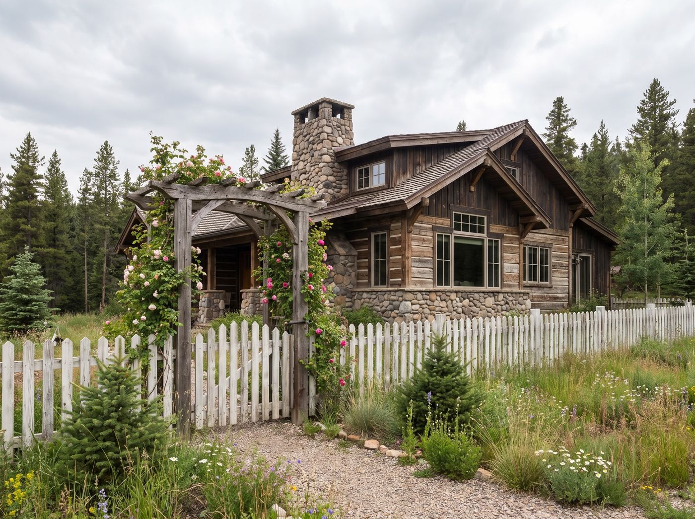 Rose-Covered Arbour and Weathered Picket Fence