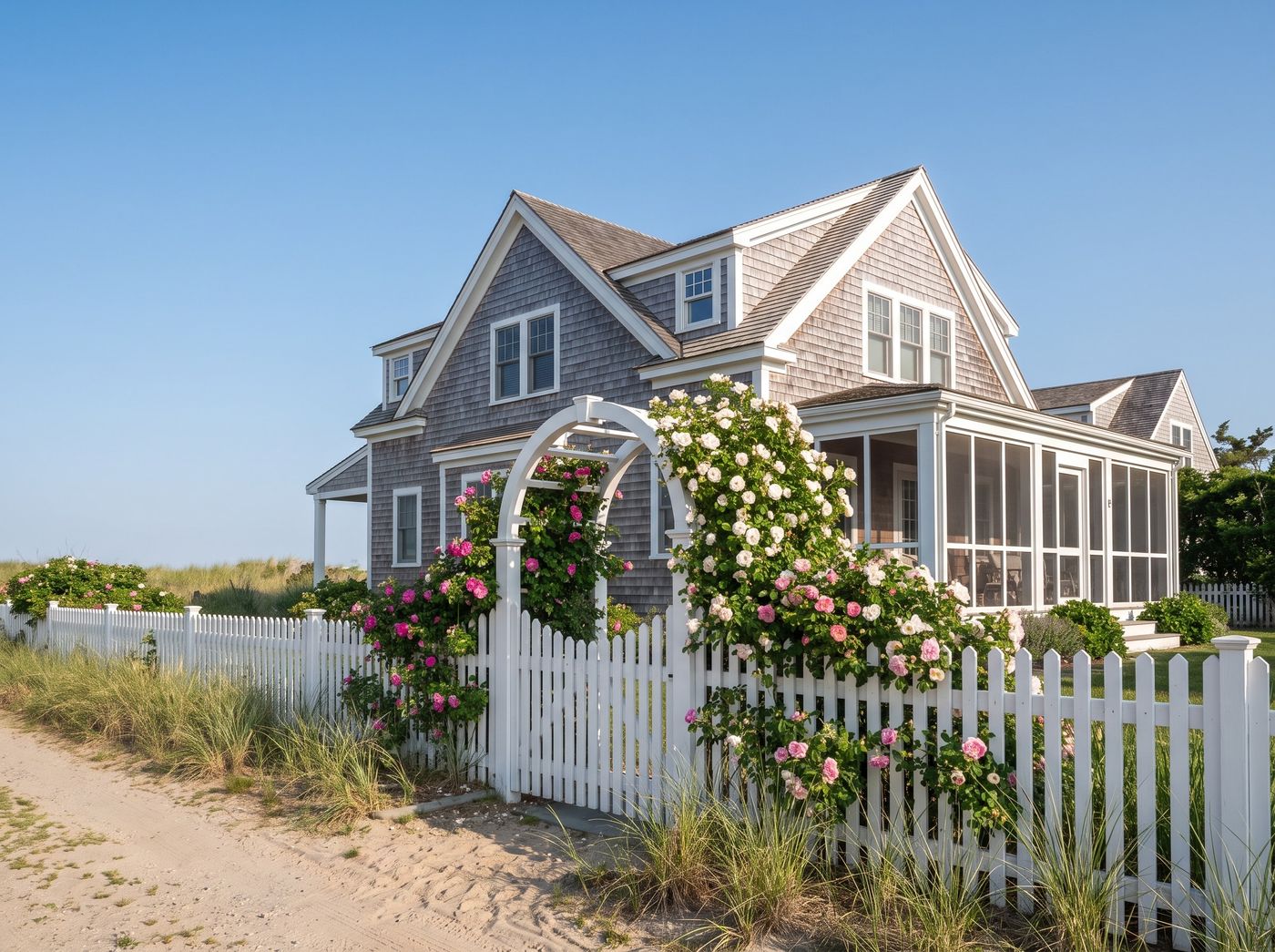 Rose-Covered Arbour with White Picket Fence