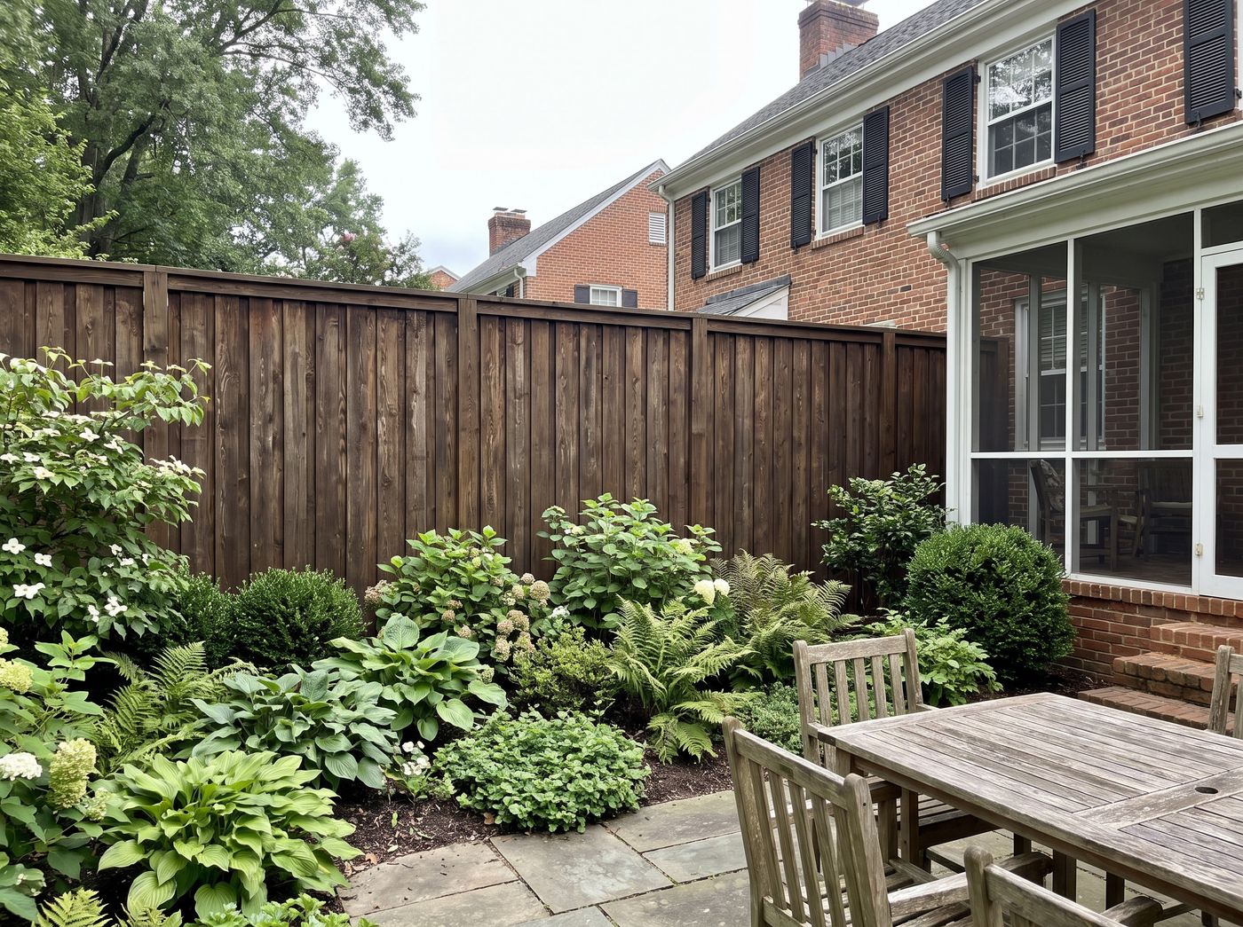Tall Board-and-Batten Fence Along Garden
