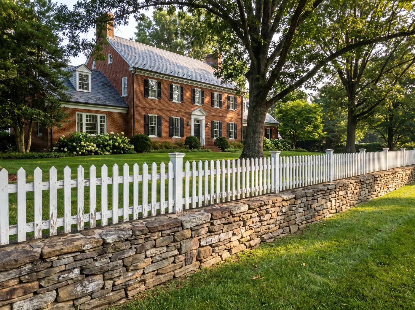 White Picket Fence on Stone Wall