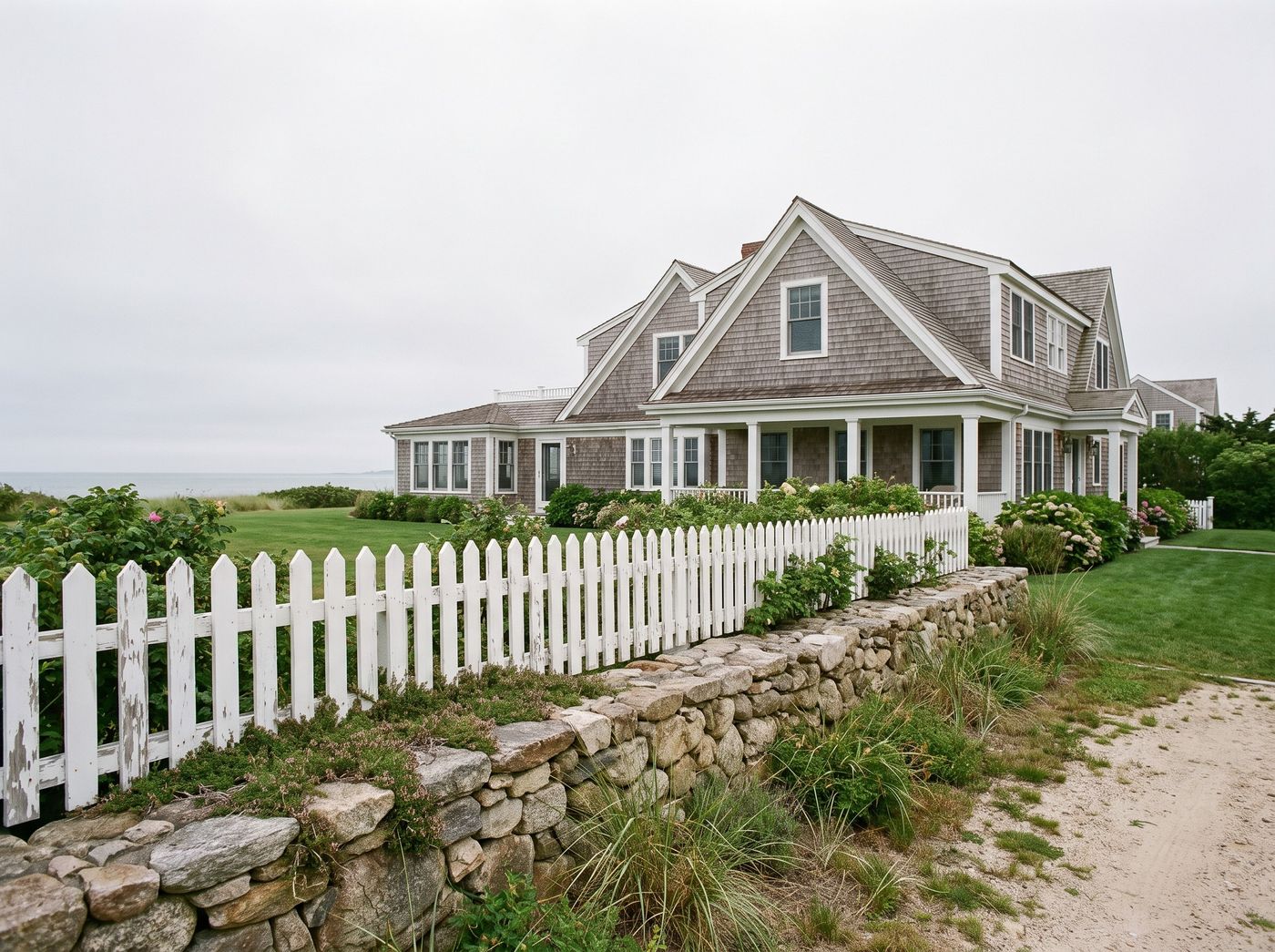 White Picket Fence on Stone Wall