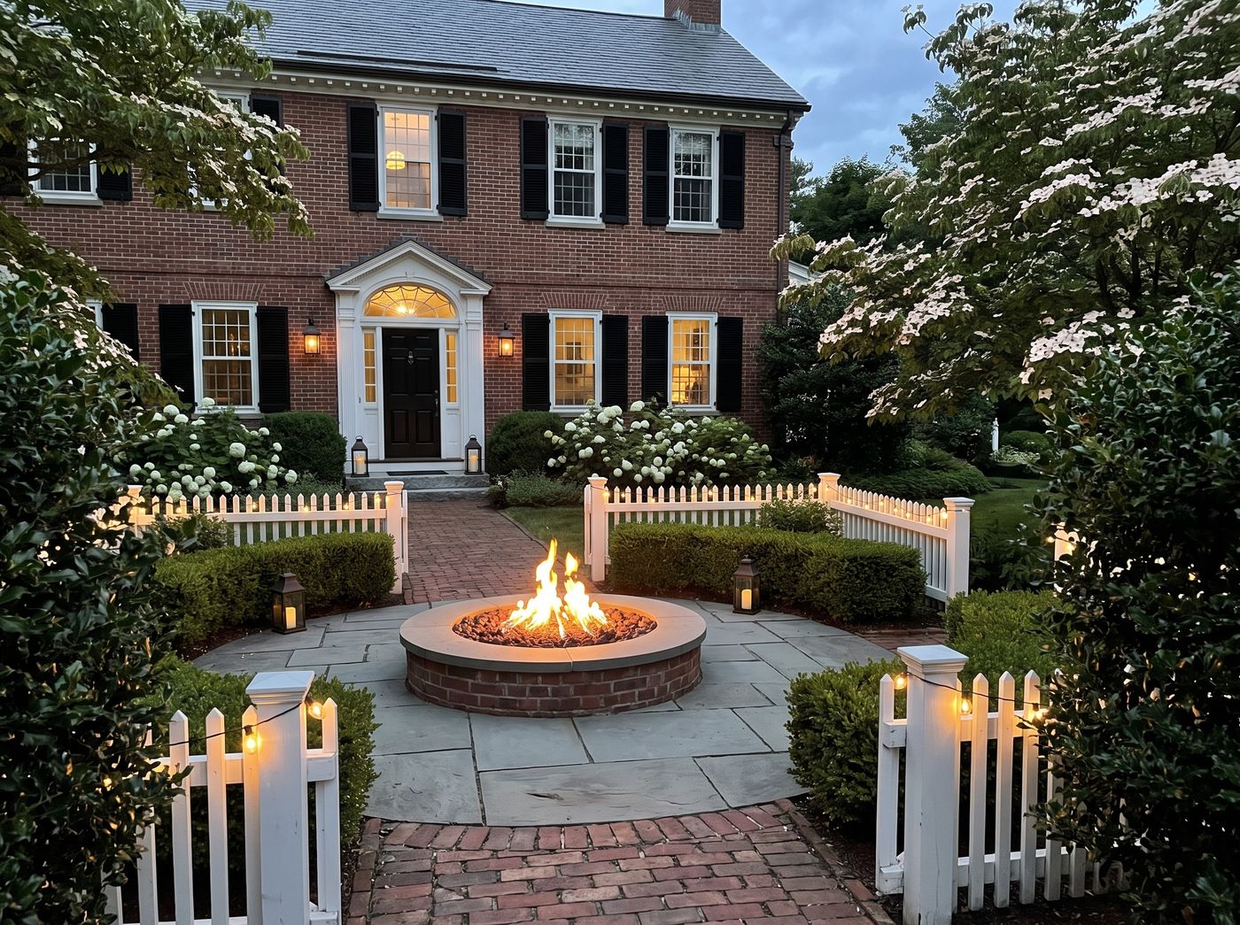 Brick Gas Fire Pit Framed by Boxwood