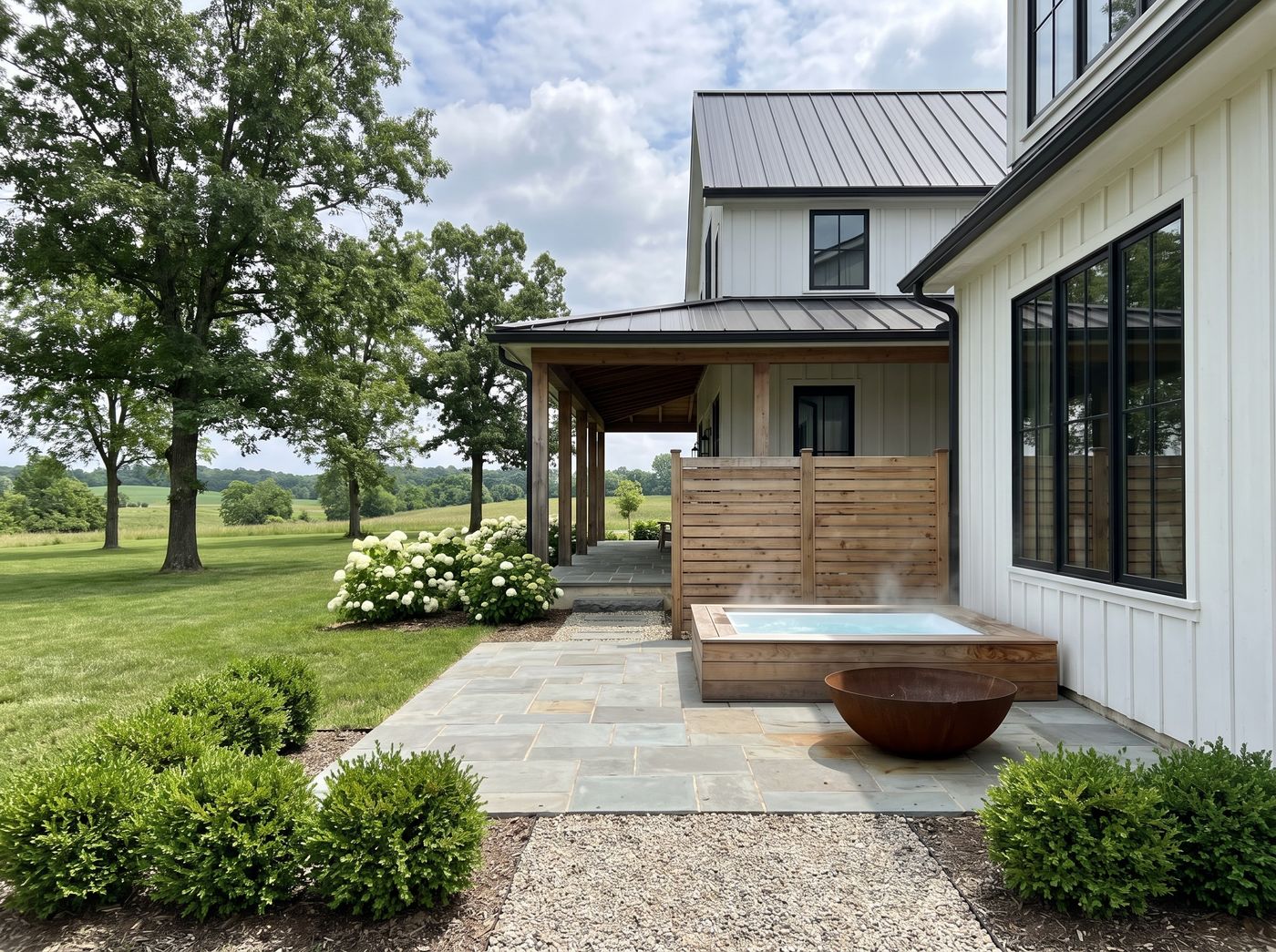 Cedar Hot Tub with Corten Fire Bowl