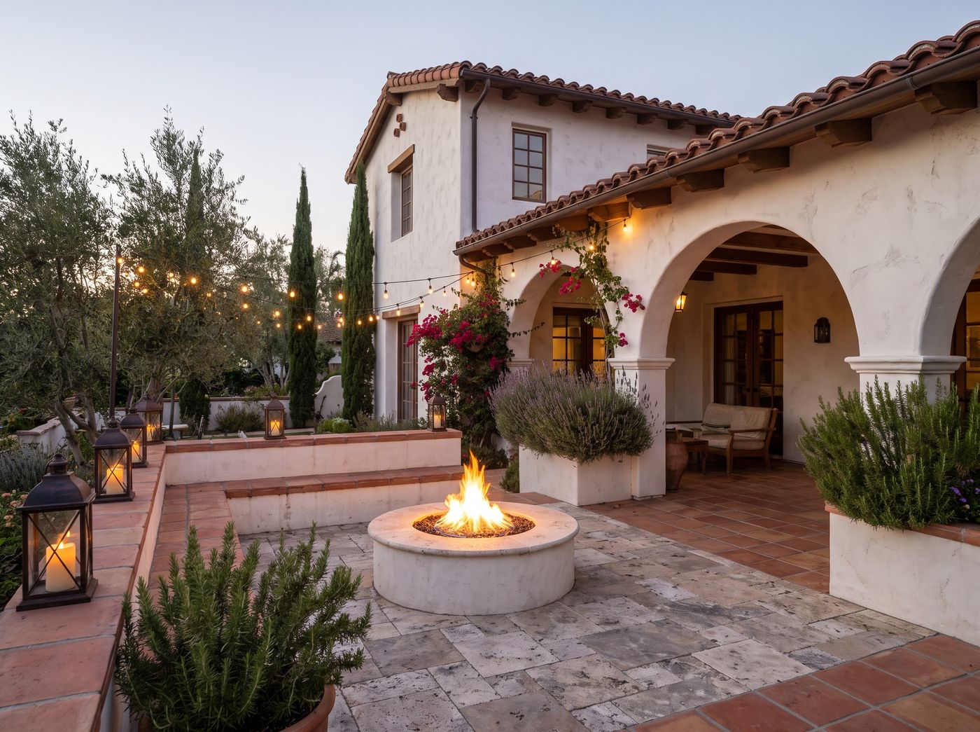 Circular Gas Fire Pit Beside Stucco Arches
