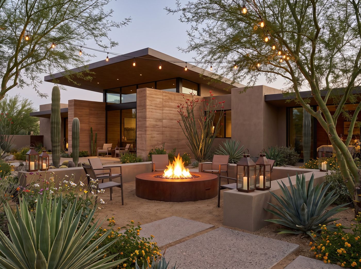 Circular Gas Fire Pit in Desert Patio