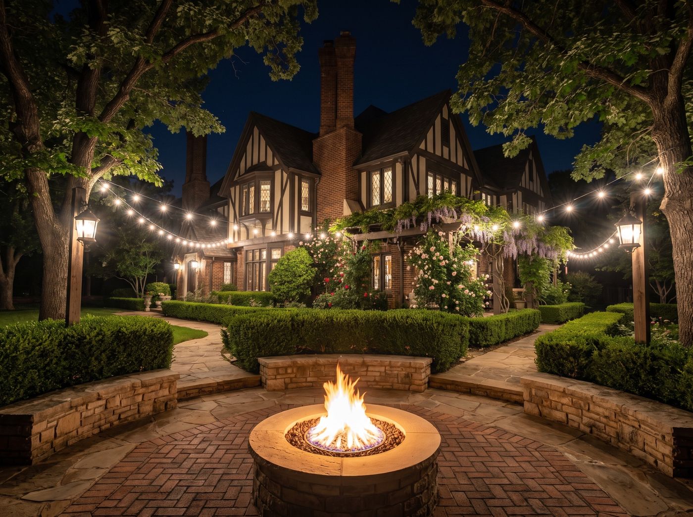 Circular Gas Fire Pit on Brick Patio
