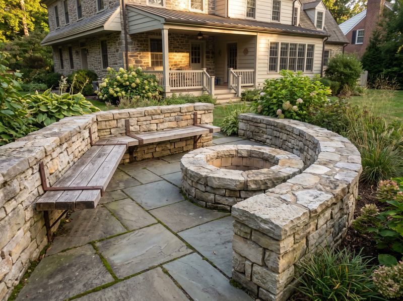 Circular Stone Fire Pit with Built-in Bench