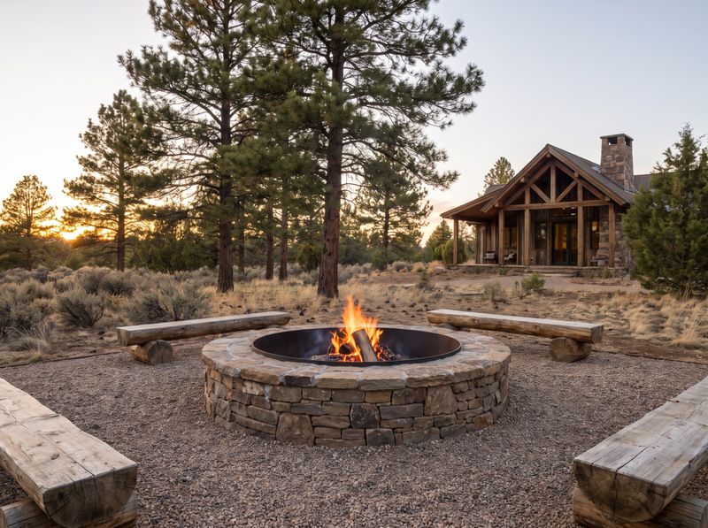 Circular Stone Fire Pit with Log Benches