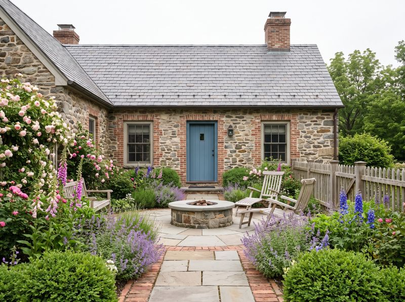 Circular Stone Fire Table Beside Cottage Garden