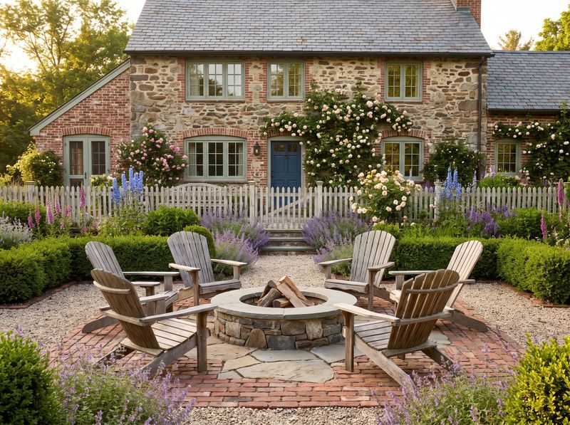 Cottage Garden Fire Pit with Wooden Chairs