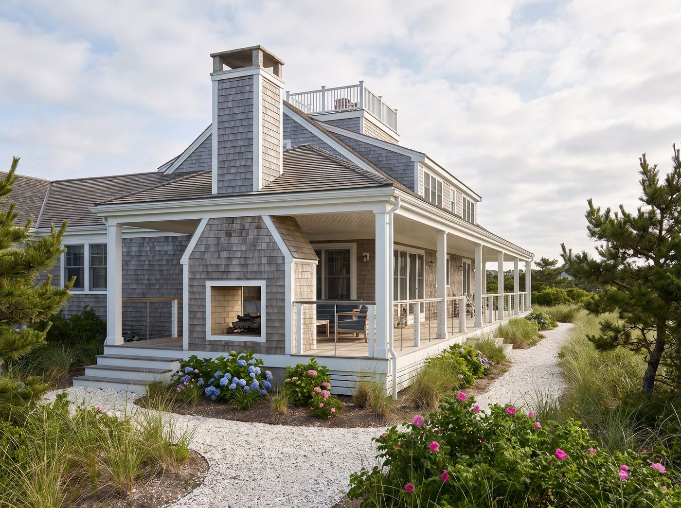 Covered Beach House Porch with Fireplace