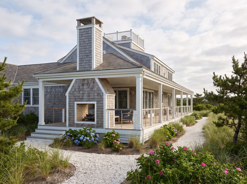 Covered Beach House Porch with Fireplace