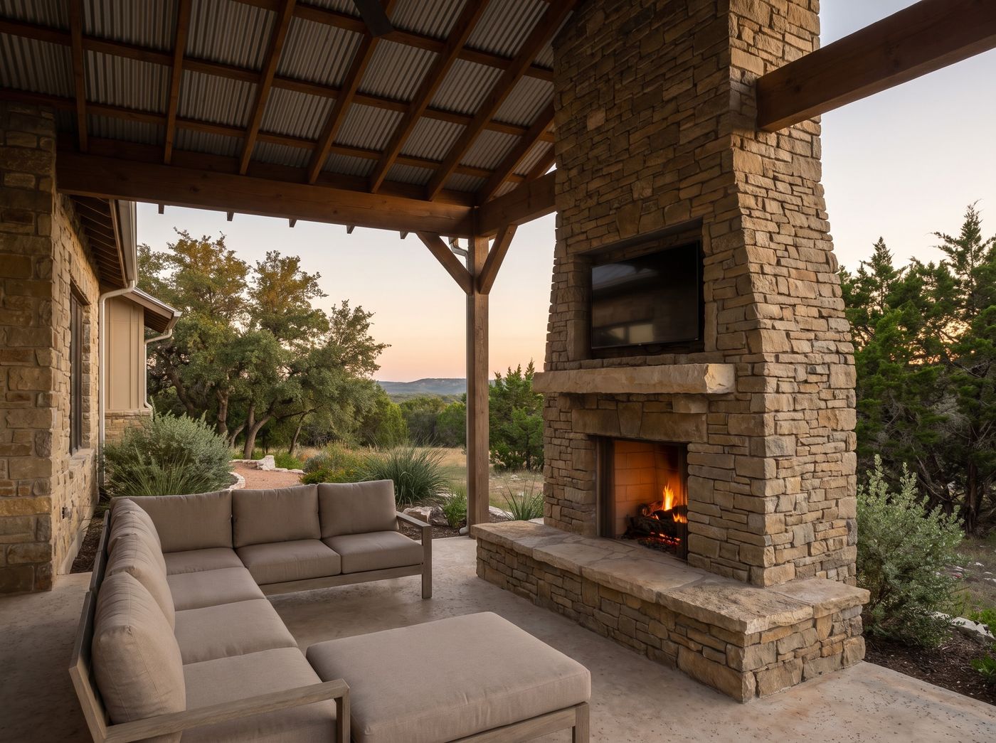 Covered Patio with Limestone Outdoor Fireplace
