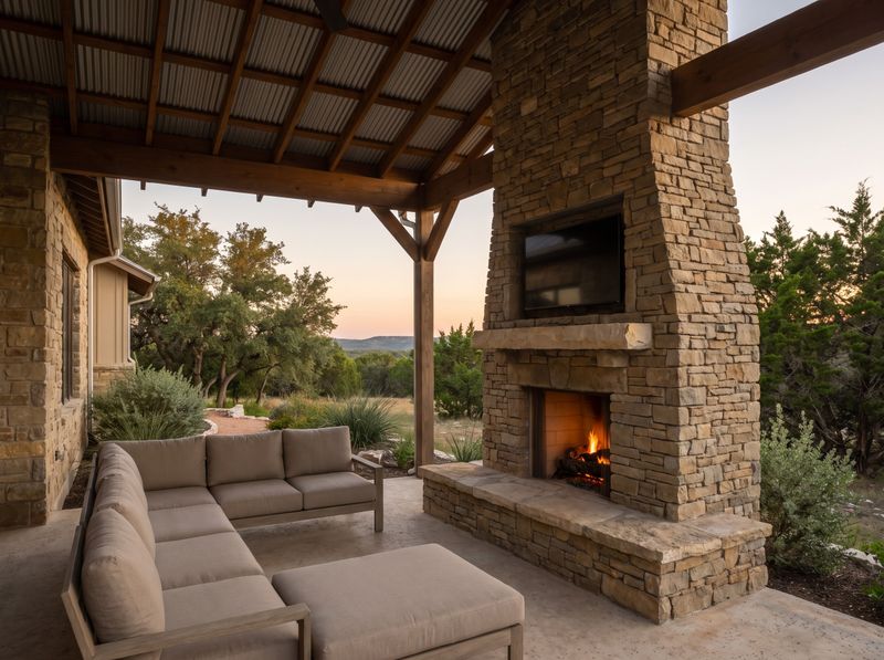 Covered Patio with Limestone Outdoor Fireplace