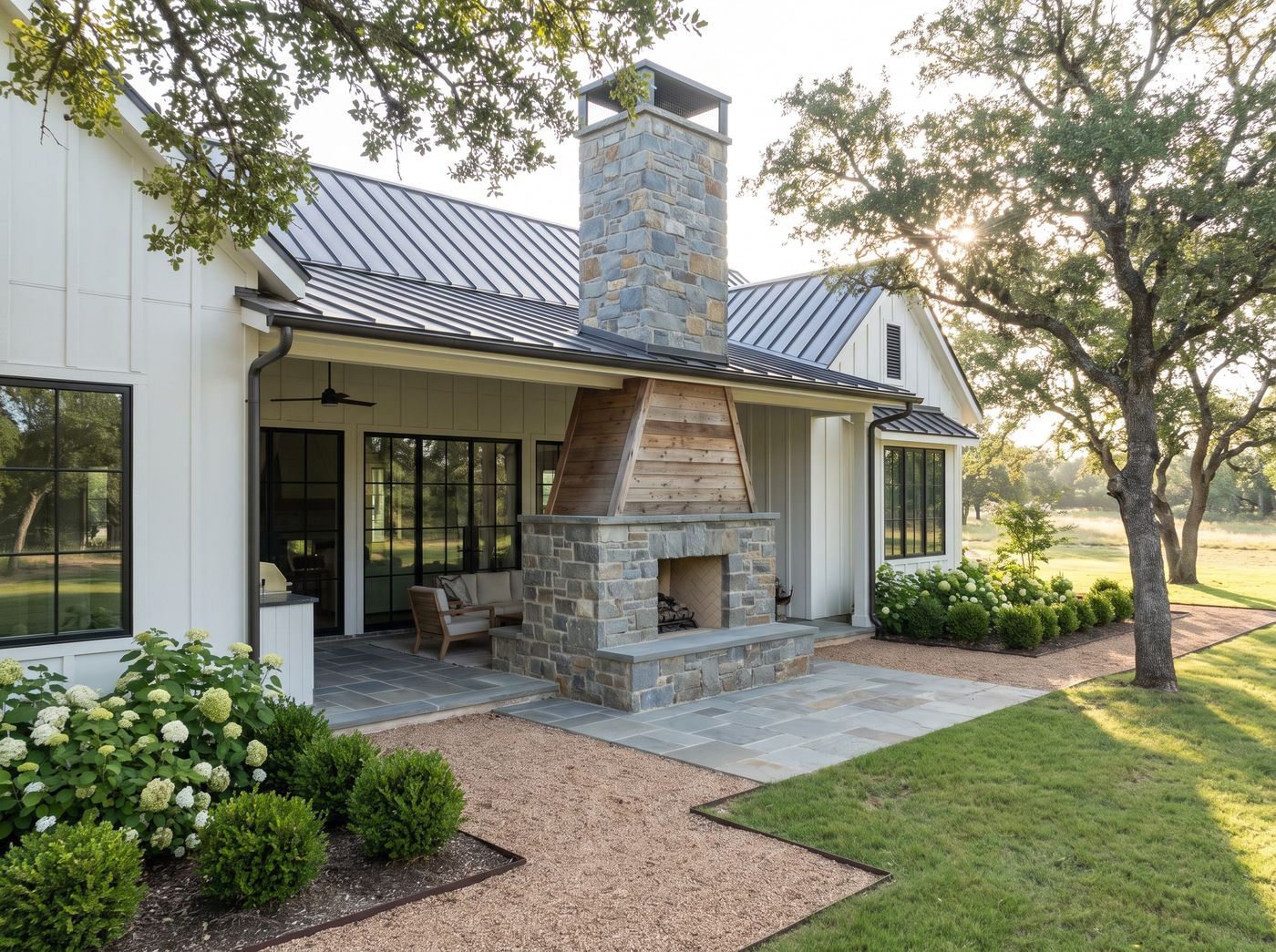 Covered Patio with Stone Outdoor Fireplace