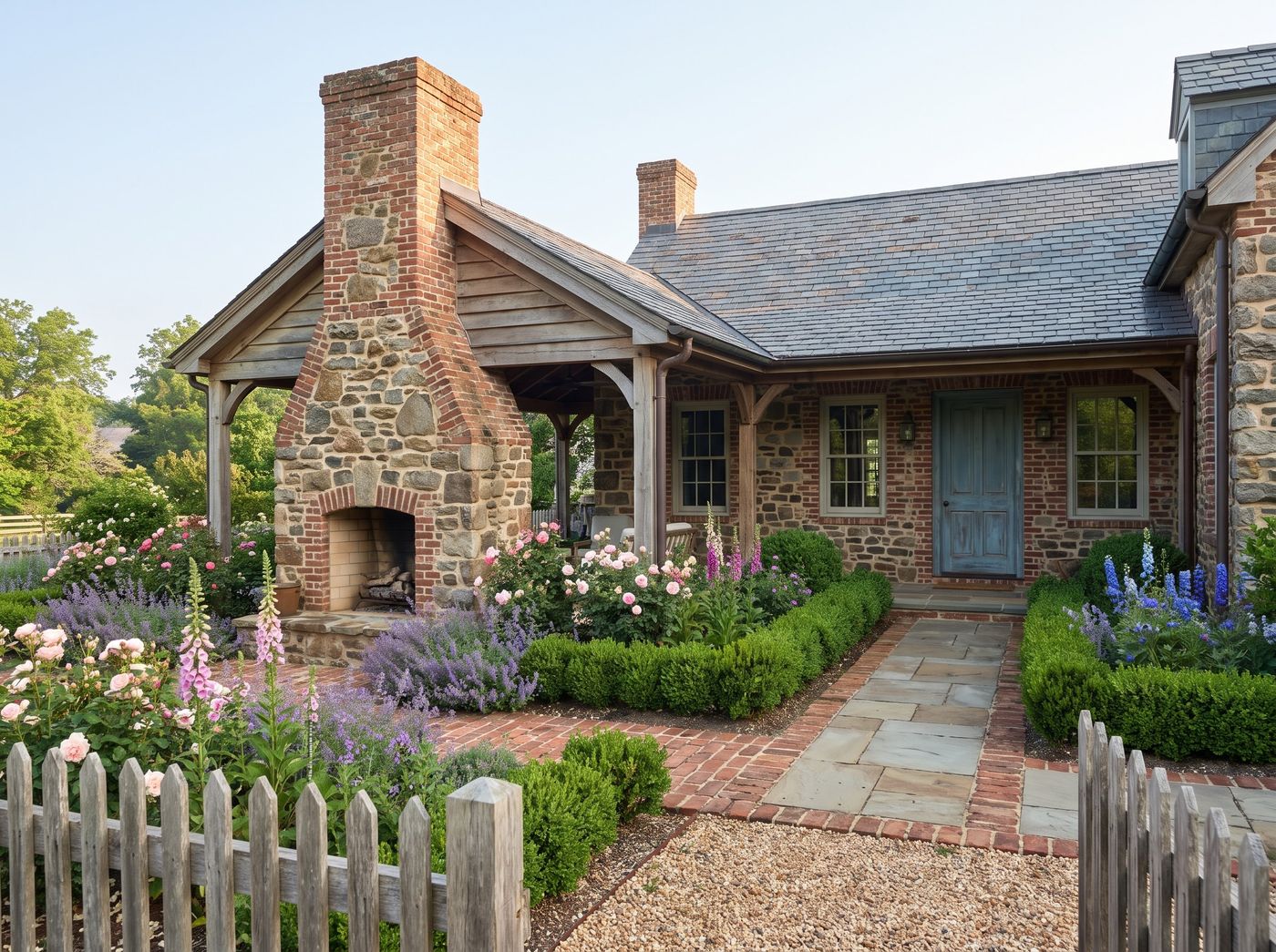 Covered Porch with Stone Outdoor Fireplace