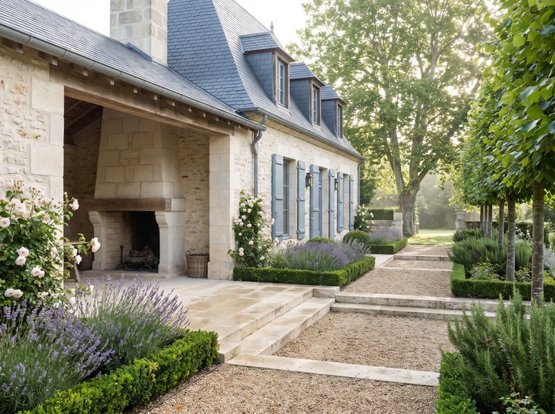 Covered Terrace with Limestone Outdoor Fireplace
