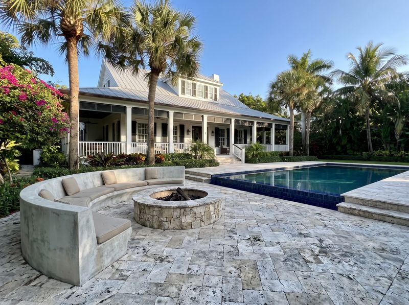 Curved Concrete Bench and Stone Fire Pit