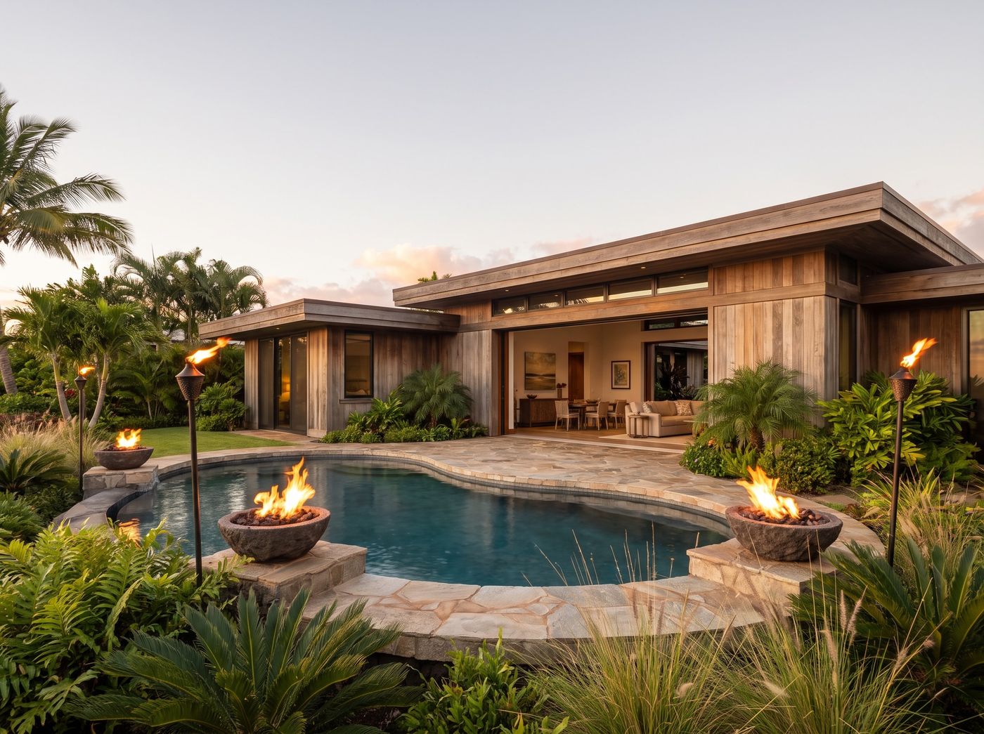Curved Pool Flanked by Stone Fire Bowls