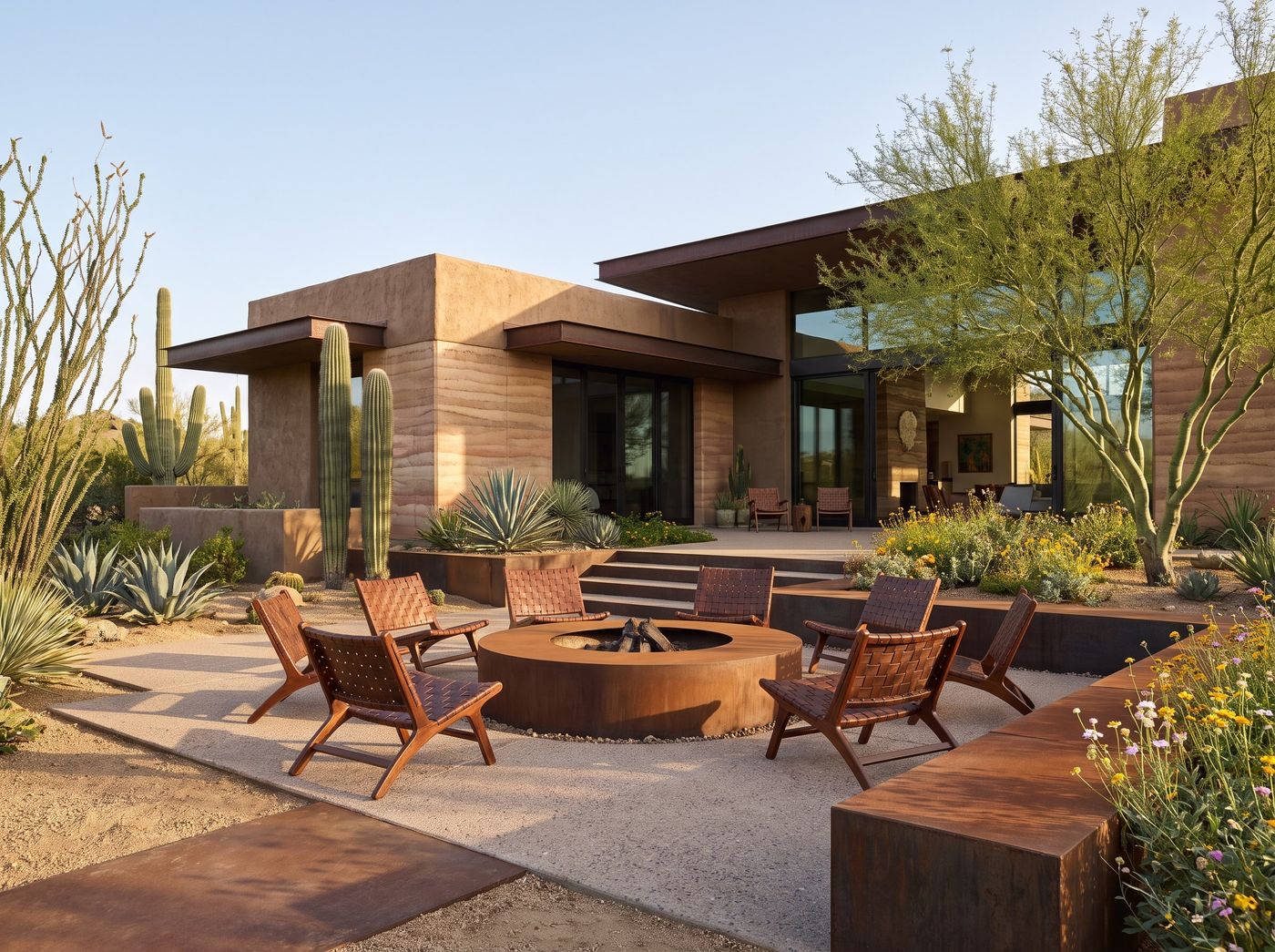 Desert Fire Pit Surrounded by Woven Chairs