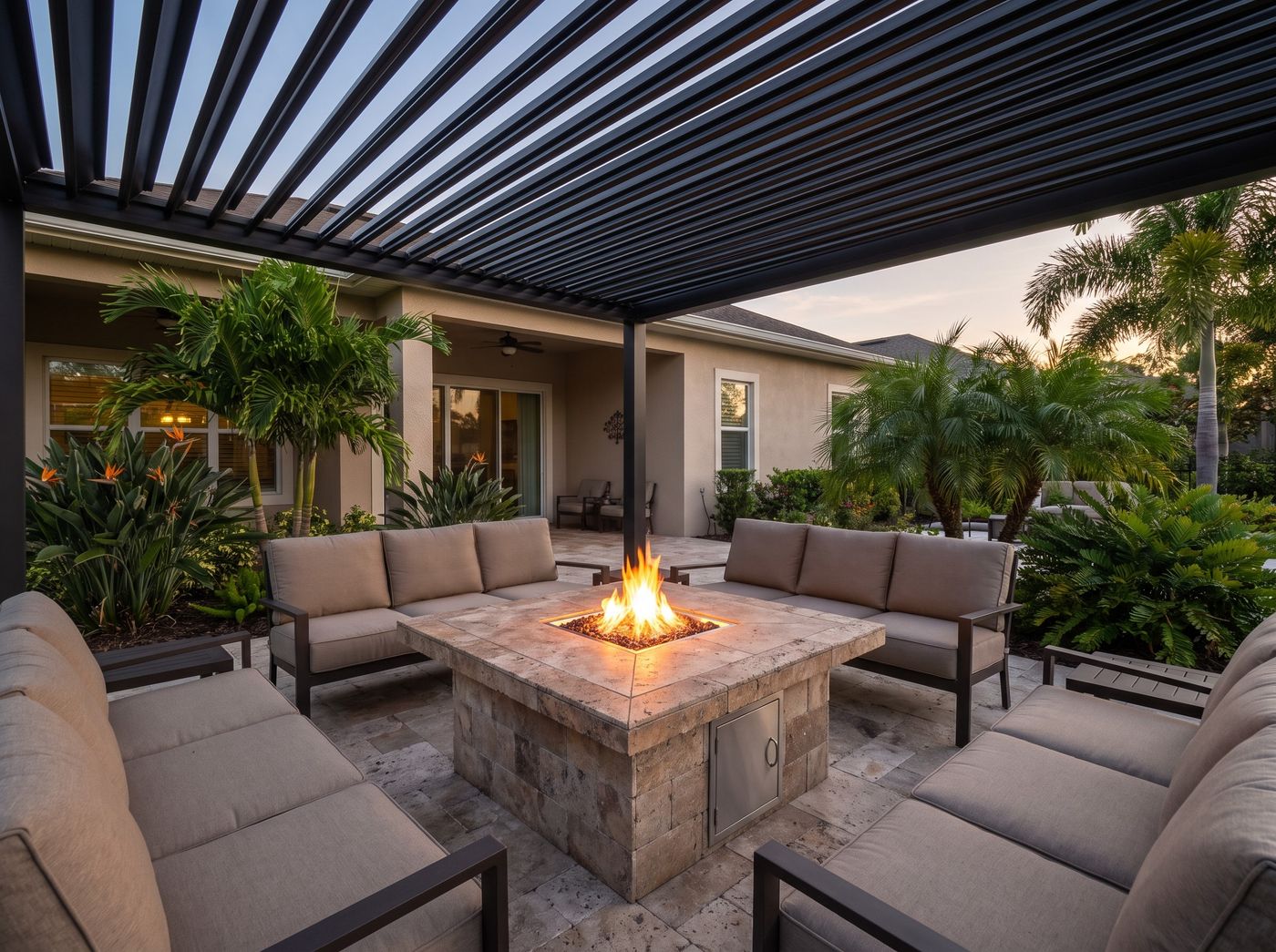 Fire Pit Table Under Metal Pergola